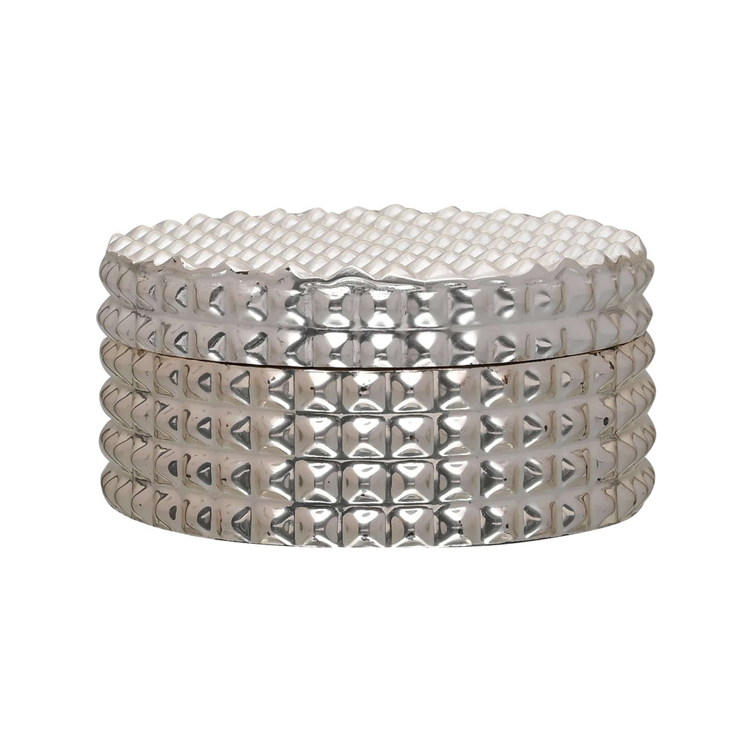 Silver Plated Supari Box covers the lid and body of a small round silver box with rows of raised pyramid studs - white background