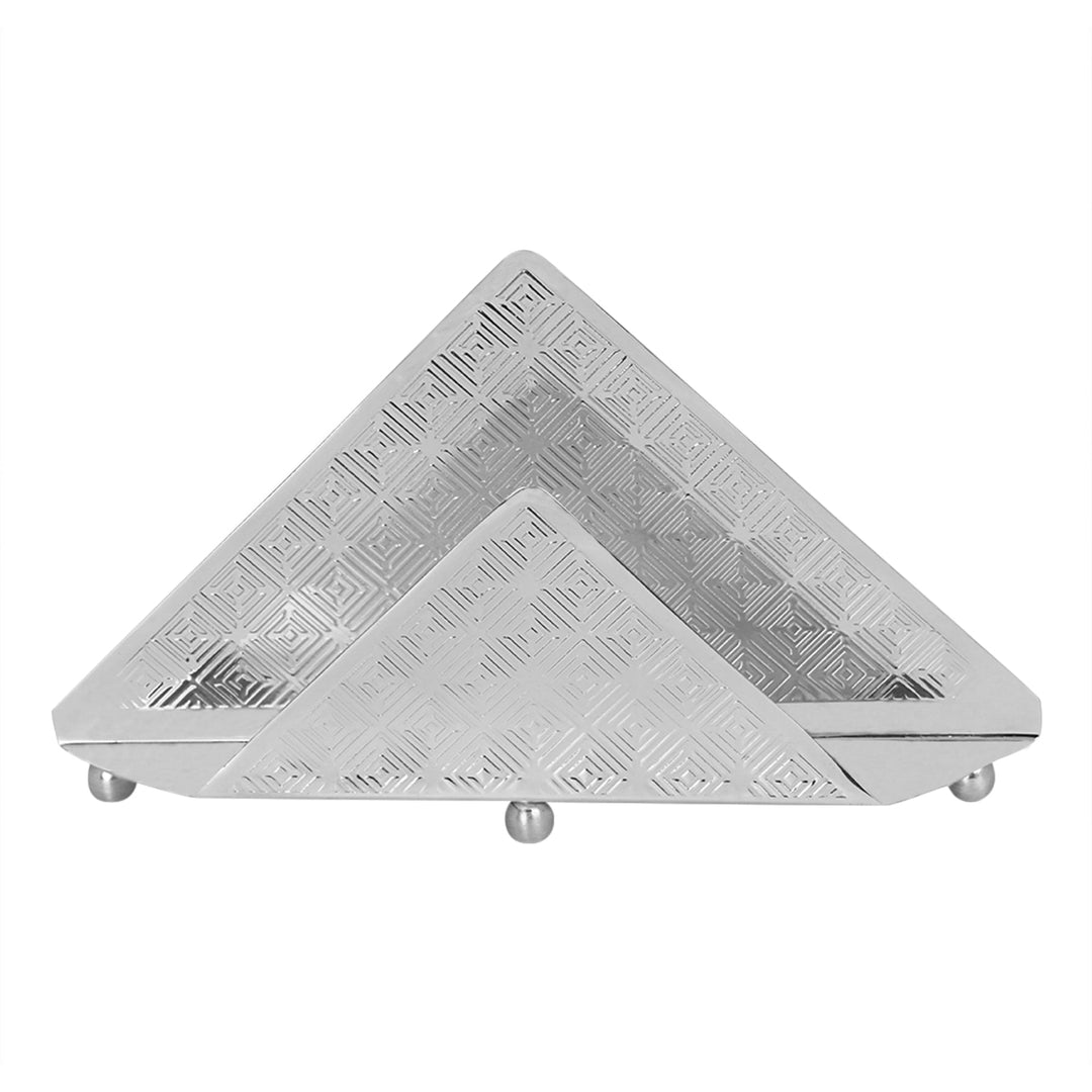 Napkin Holder Signature is a silver napkin holder that rises in a triangular pyramid shape - white background