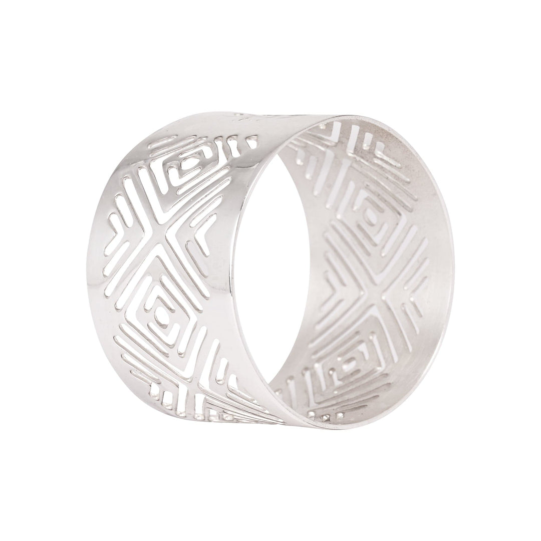 Signature Napkin Ring wraps a bold geometric trellis around this silver napkin ring - white background