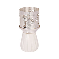 Flower Votive Tower is a silver votive stacking tapering tiers up from a wide base, each level pierced - angle 3