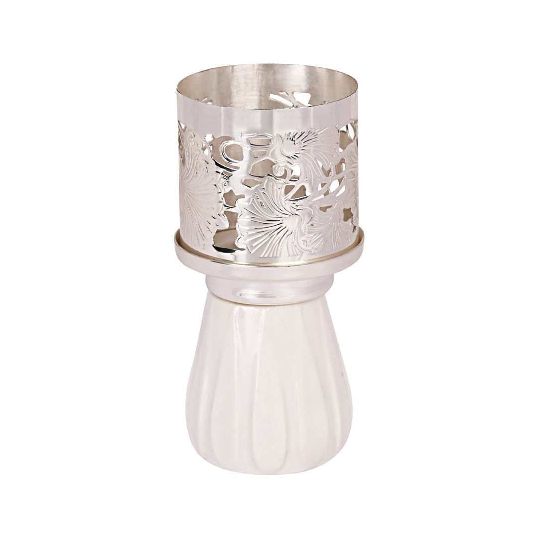 Flower Votive Tower is a silver votive stacking tapering tiers up from a wide base, each level pierced - angle 3