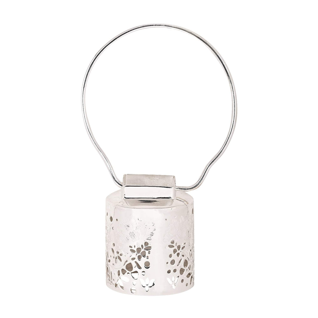 Flower Votive Lantern Round is a domed, latticed silver votive lantern that throws a soft, dappled glow - white background