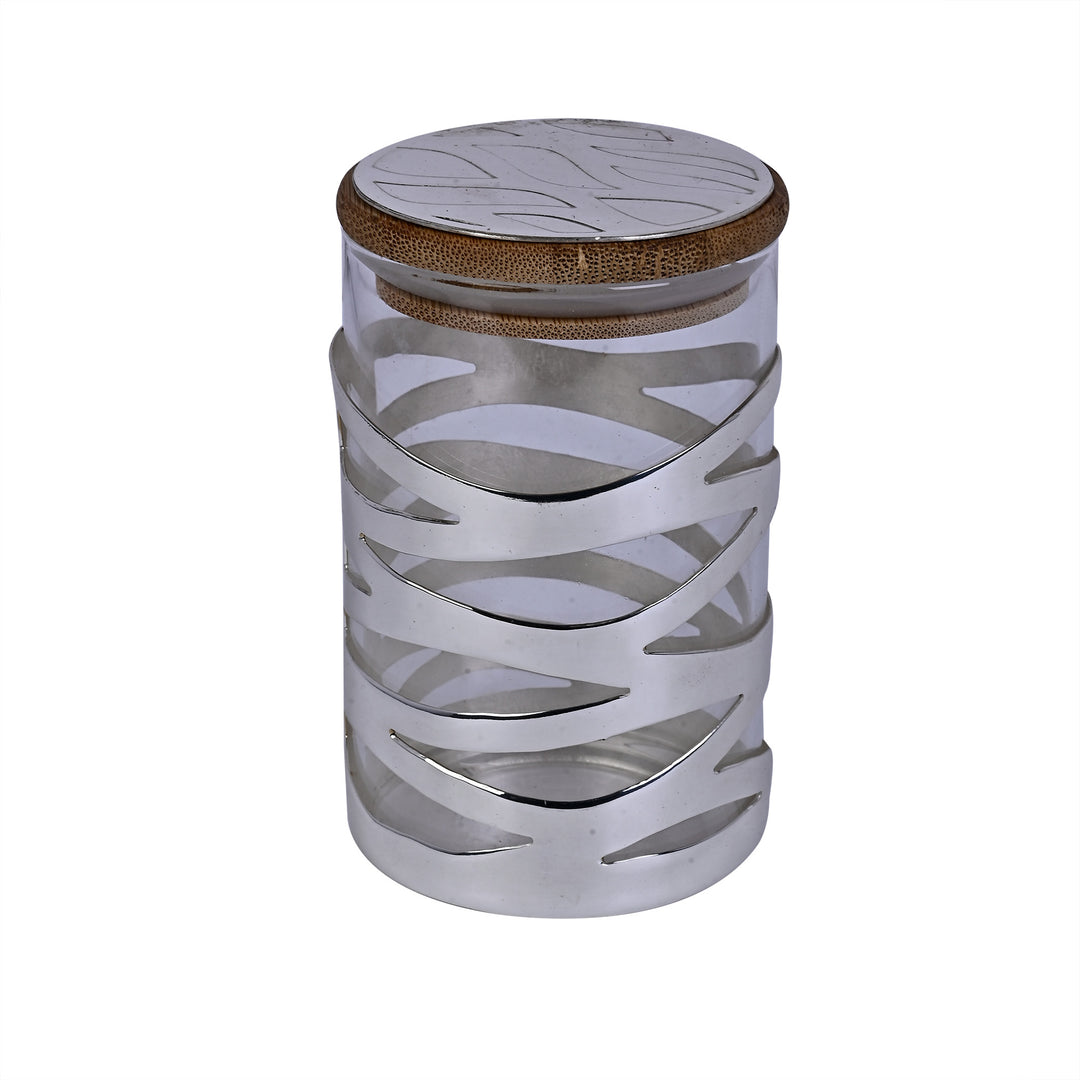Graffiti Jar is a silver jar with a clear glass liner, wrapped in a band cut into a loose - white background