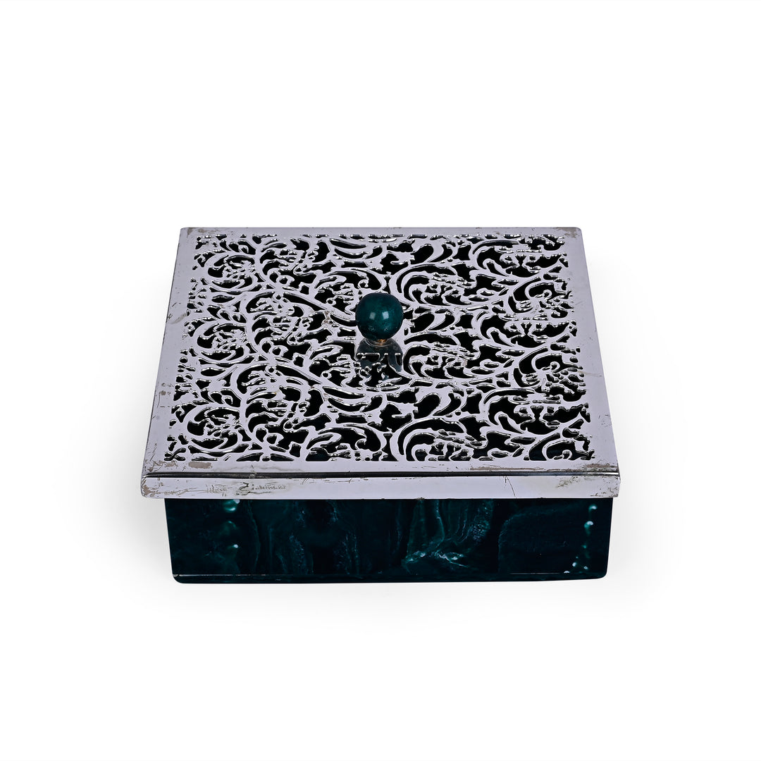 Tree of Life Box Green is a silver box with a filigree lid paired to a deep malachite-green marbled body - white background
