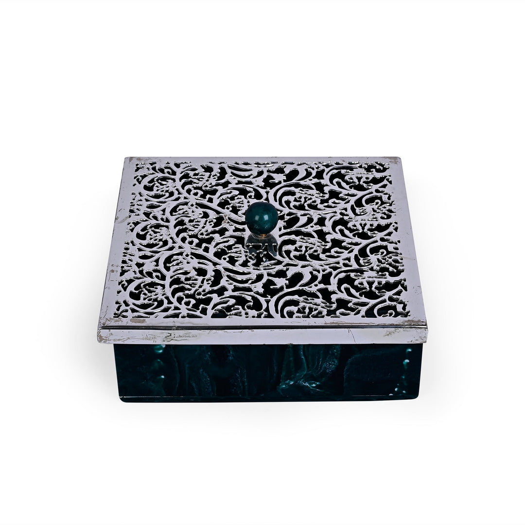 Rakhi Gift Set 1 - Tree of Life Box Green, silver filigree box with malachite-green body