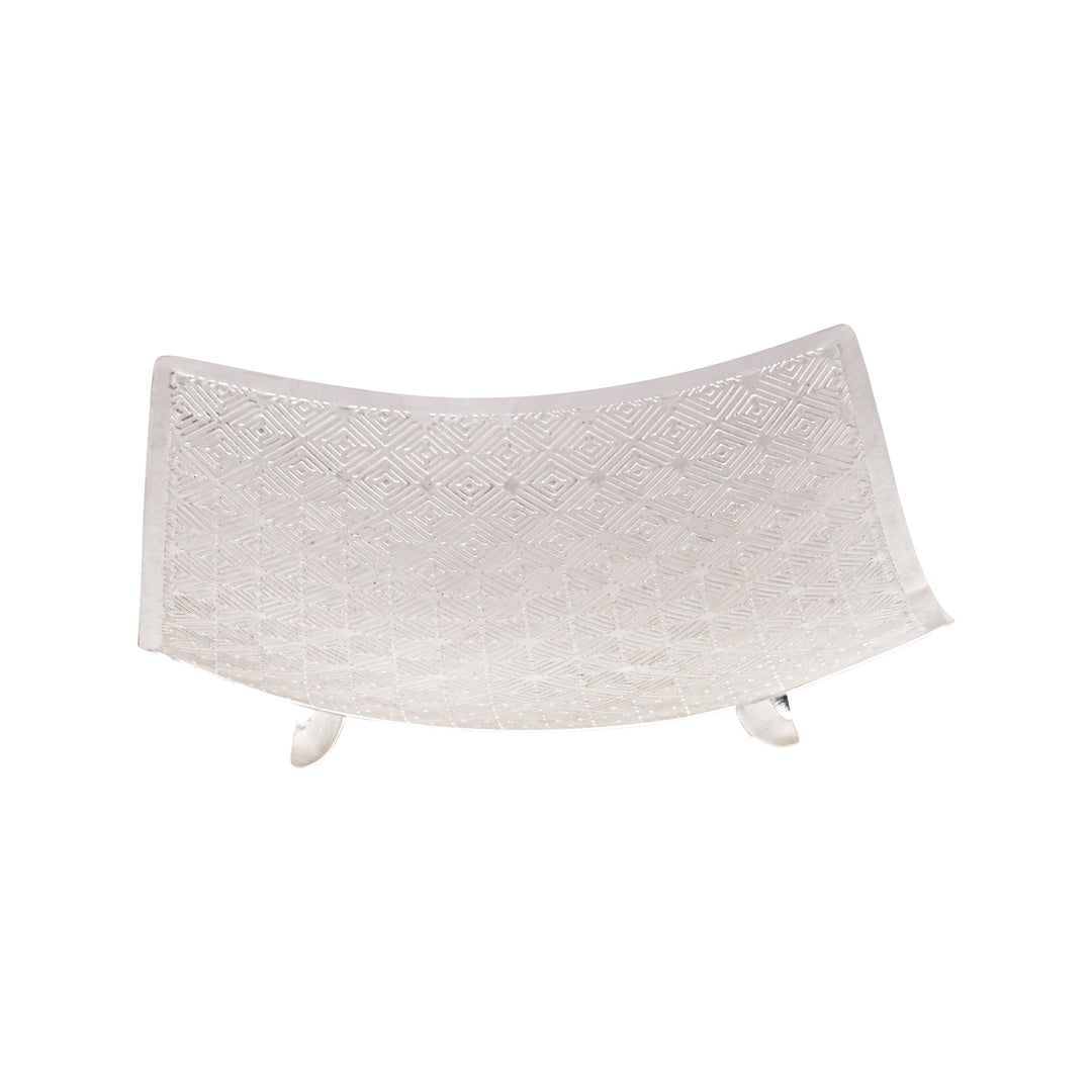 Signature Bowl Square With Feet is a silver bowl taking a square boat shape for its curved base, lifting onto four short feet – Small