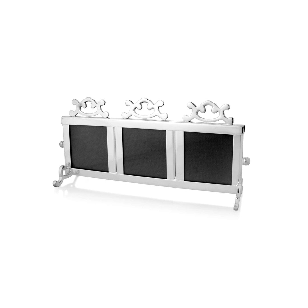 Photo Frame Trio is a silver frame that holds three same-sized photo windows side by side in one mirror-bright piece - white background