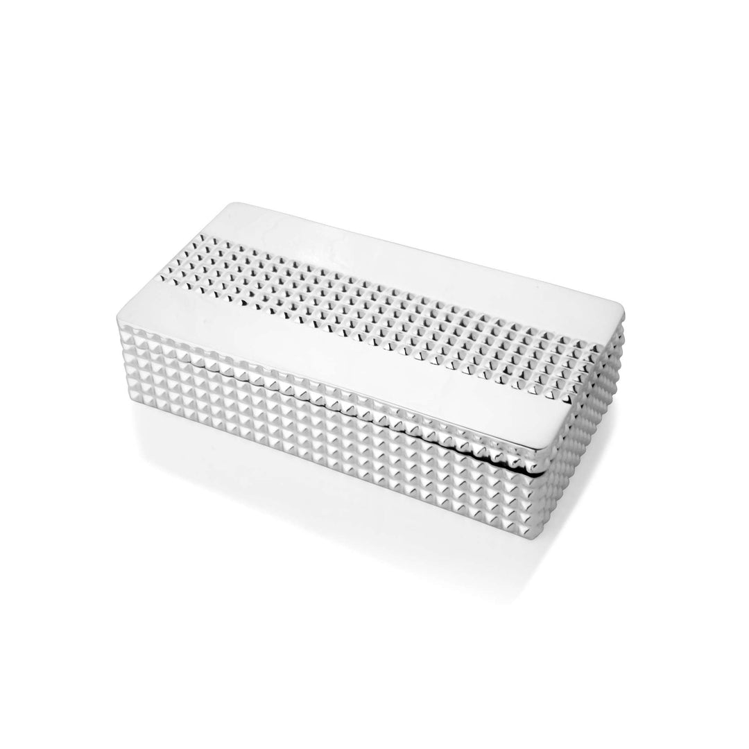 Box Spike is a silver box with dense pyramid-stud textured bands framing a smooth centre panel - white background