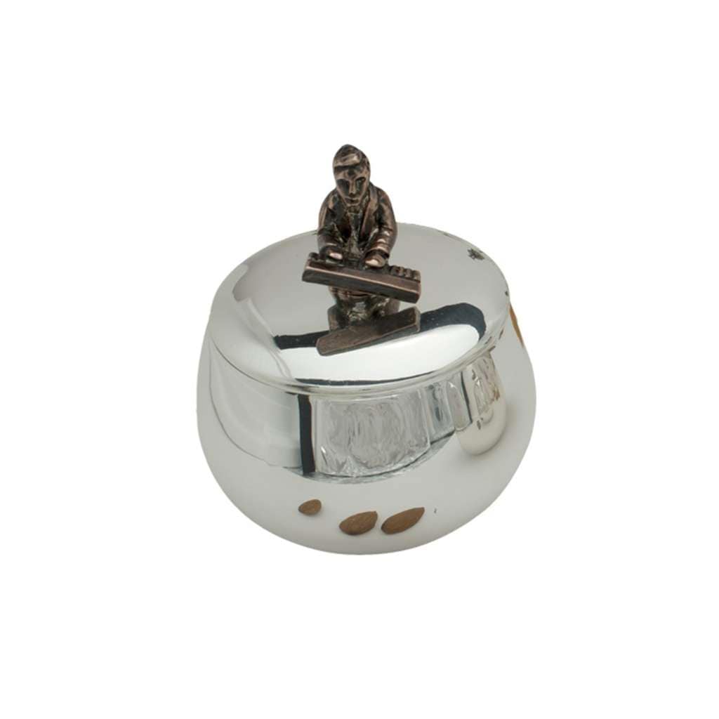 Box Jazz Piano is a silver box with a copper-toned pianist bending over a small keyboard on the lid - white background