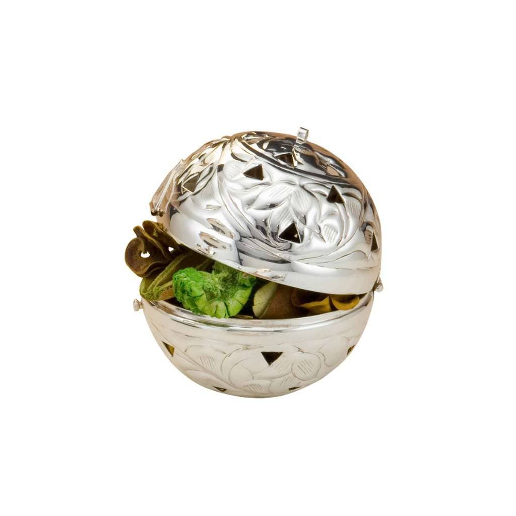 Potpourri Ball opens a silver ball on a hinge to reveal space for potpourri or dried florals inside - white background