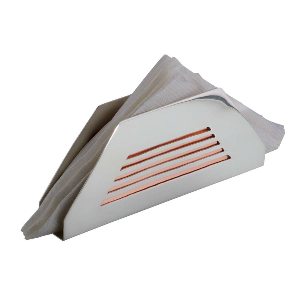 Napkin Holder Chasm gives a triangular silver napkin holder a cream-toned finish and slim copper-tone accent strips across its face for a clean geometric pattern - white background