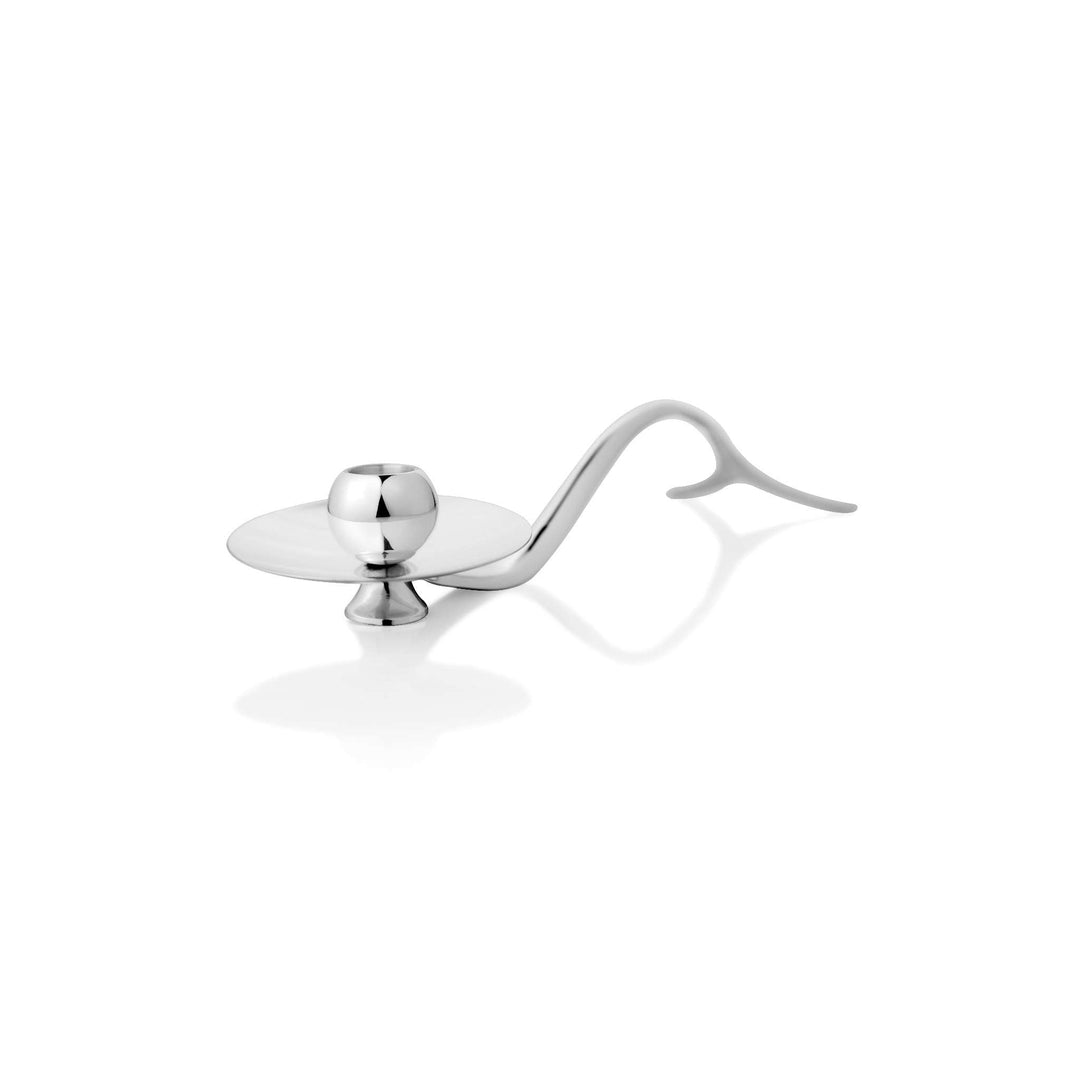 Candle Stand Fish Tail is a silver candle stand that sweeps a single curved stem low across its length - white background