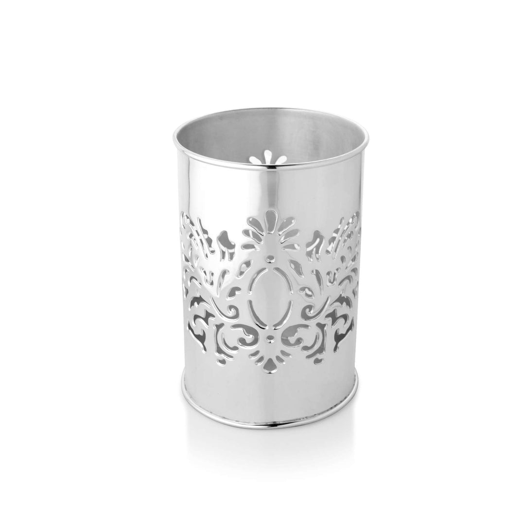 Candle Stand Sonata wraps an intricate pierced damask pattern around the cylindrical body of this silver candle stand - white background