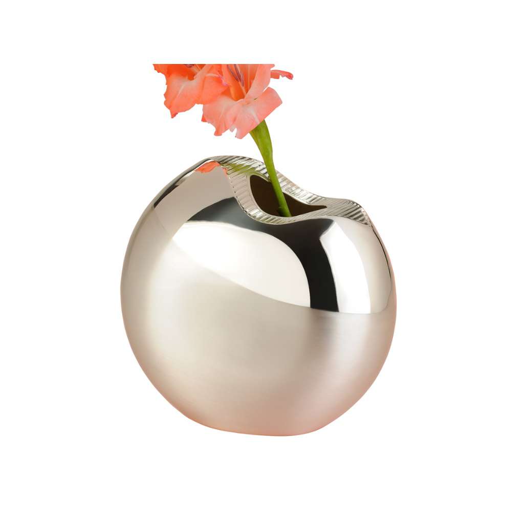Flower Vase Split takes the form of a smooth, rounded orb-shaped silver vase, its opening cut into - white background