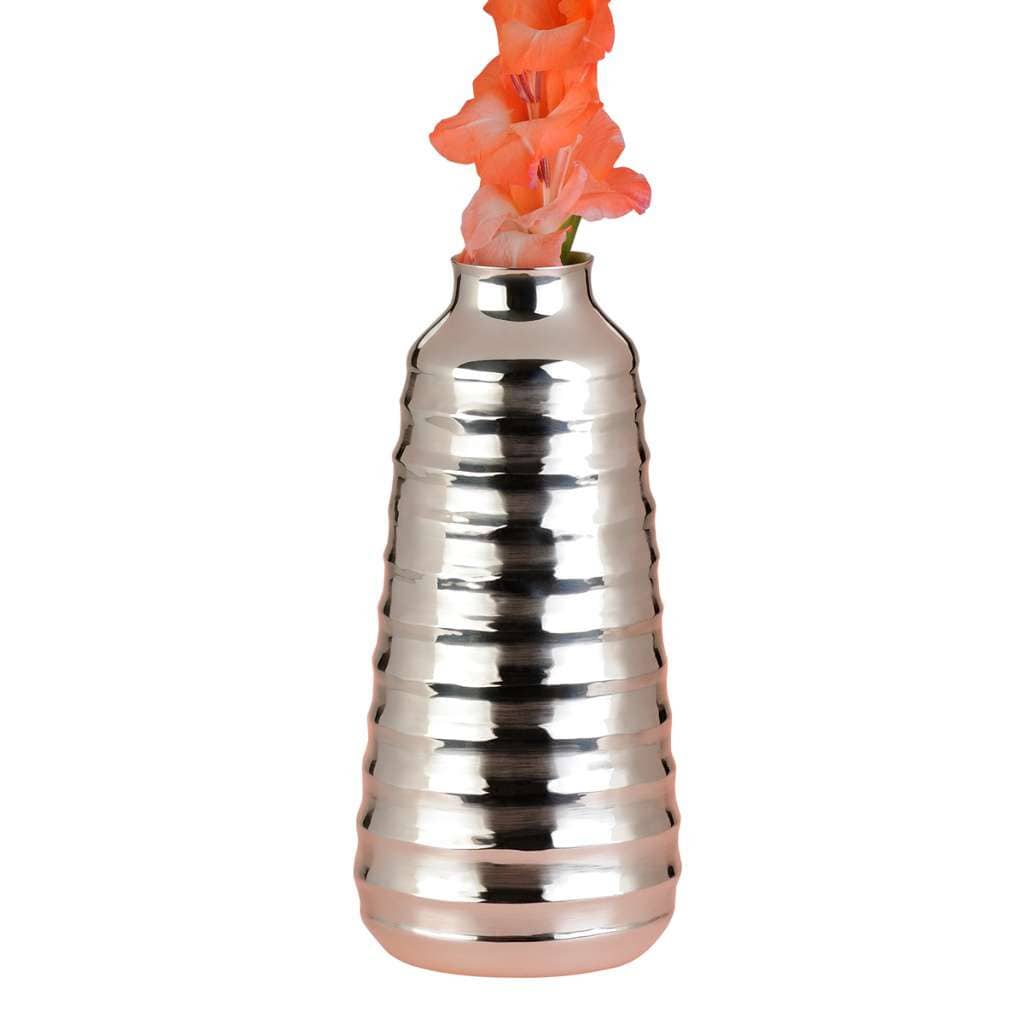 Flower Vase Rippled rises as a tall, tapering silver flower vase, its body wrapped in fine horizontal - white background