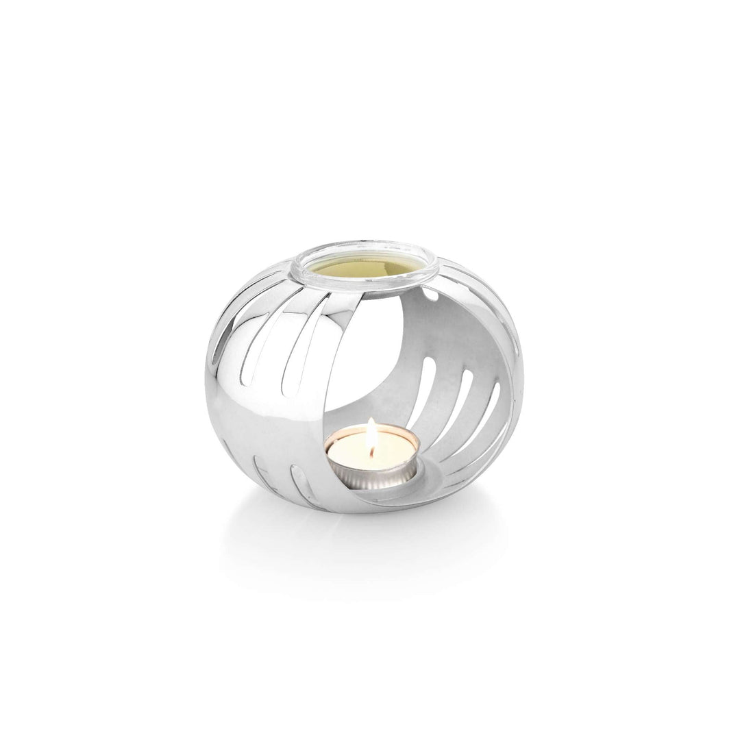 Oil Burner Swell Aromatic rounds into a smooth, ball-shaped silver oil burner - white background