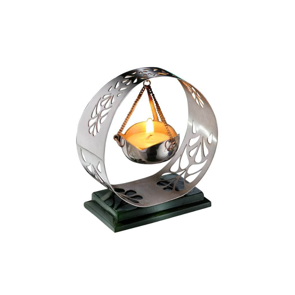 Tealights Holder Hanging Brocade is a silver tealight holder built around a full circular ring, its rim - white background