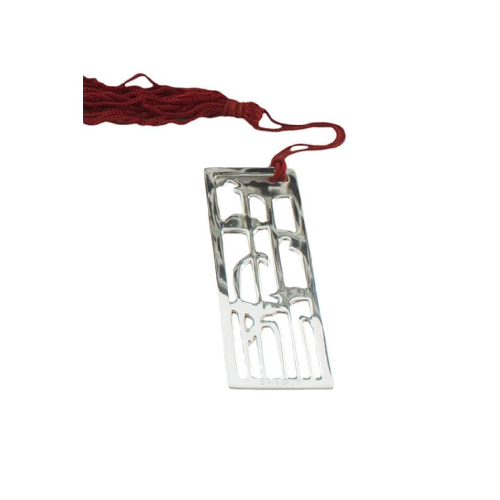 Book Mark Iris Trails runs an abstract lattice of tall, narrow openings the length of this silver bookmark