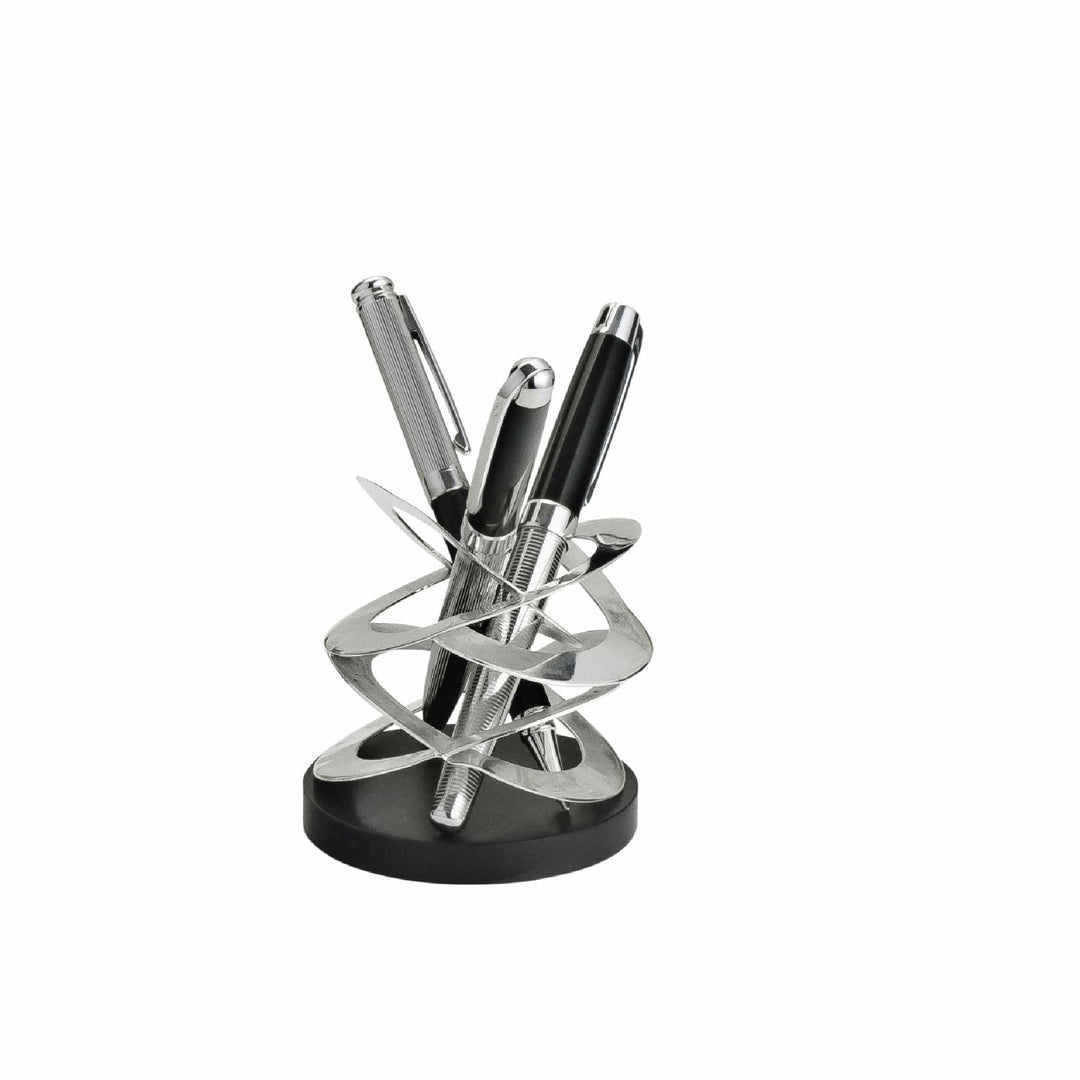 Pen Stand Cosmos is a silver pen stand built from looping, ribbon-like bands on a black base - white background