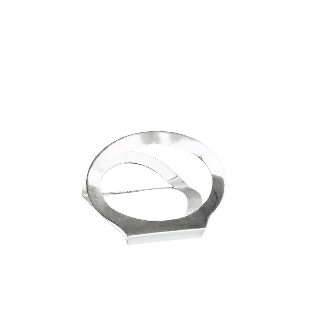 Mobile Stand Cosmos is a silver mobile stand shaped as an open ring, holding a phone upright at an angle for hands-free viewing on a desk - white background