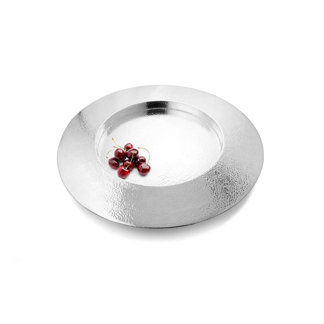 Tray Hammered Round is a wide-rimmed silver serving plate with a hammered-texture finish running across its broad border - white background
