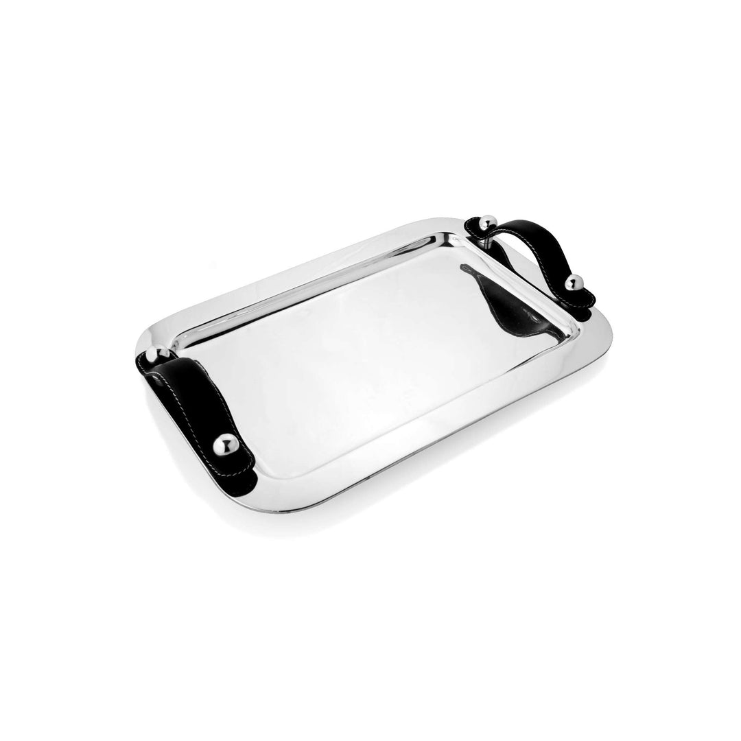 Tray With Leather Handle is a silver tray flanked by two black leather handles, finished with polished - white background