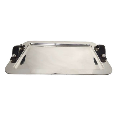 Silver Plated Rectangular Tray With Black Leather Handle