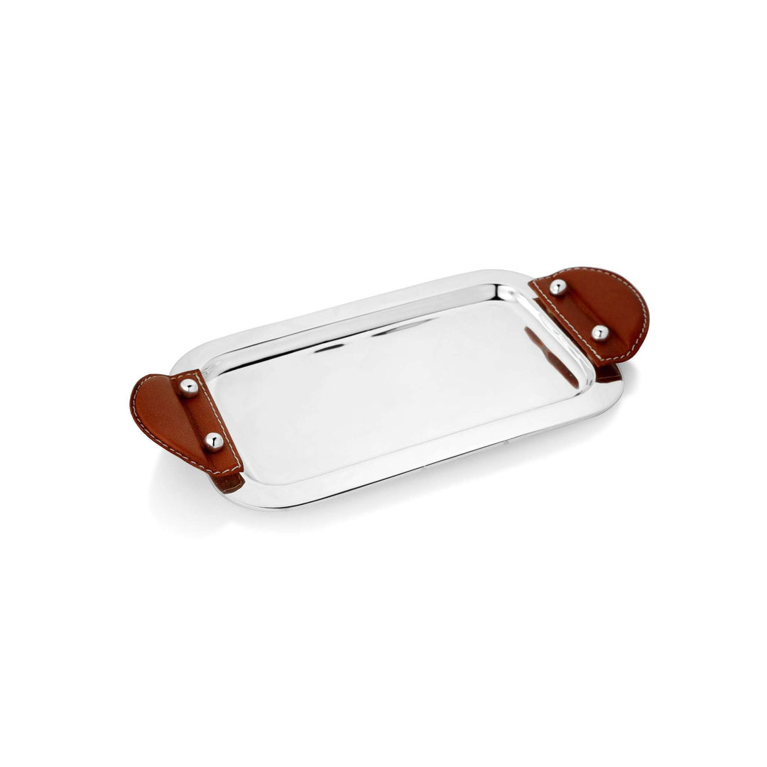 Rectangular Tray With Red Leather Handle is a rectangular silver tray with a raised rim and a pair - white background