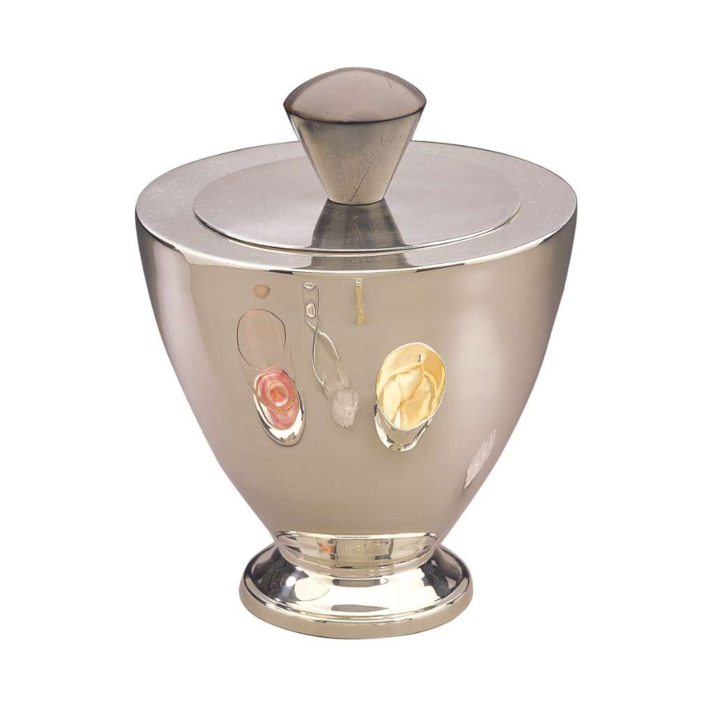Ice Bucket Lentini is a silver bucket shaped like a rounded urn, complete with a domed lid and a tapered knob handle - white background