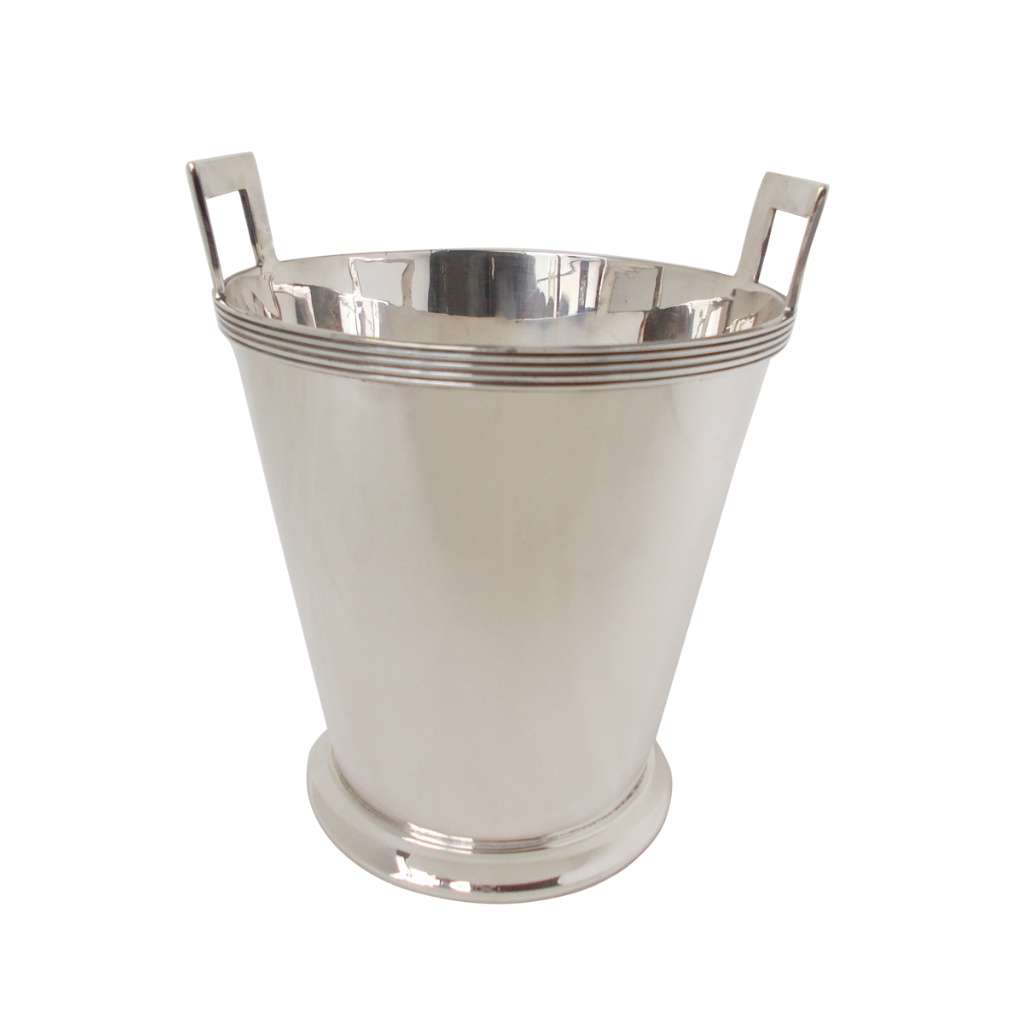 Ice Bucket Bordered is a silver bucket that tapers to a narrow base - white background