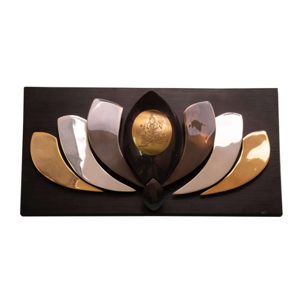 Lotus Wall Art Laxmi builds a silver lotus panel from alternating silver and brass-toned metal petals - white background