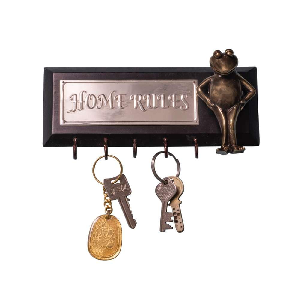 Key Chain Holder Frog is a silver key chain holder reading Home Rules in bright embossed lettering - white background