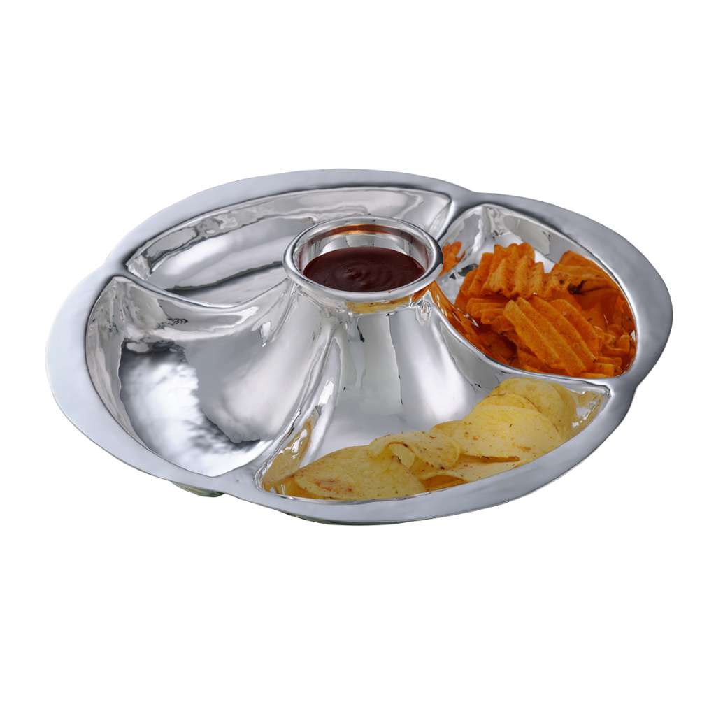 Bowl Chip And Dip Spring divides one round silver platter into three sections, a raised centre well - white background