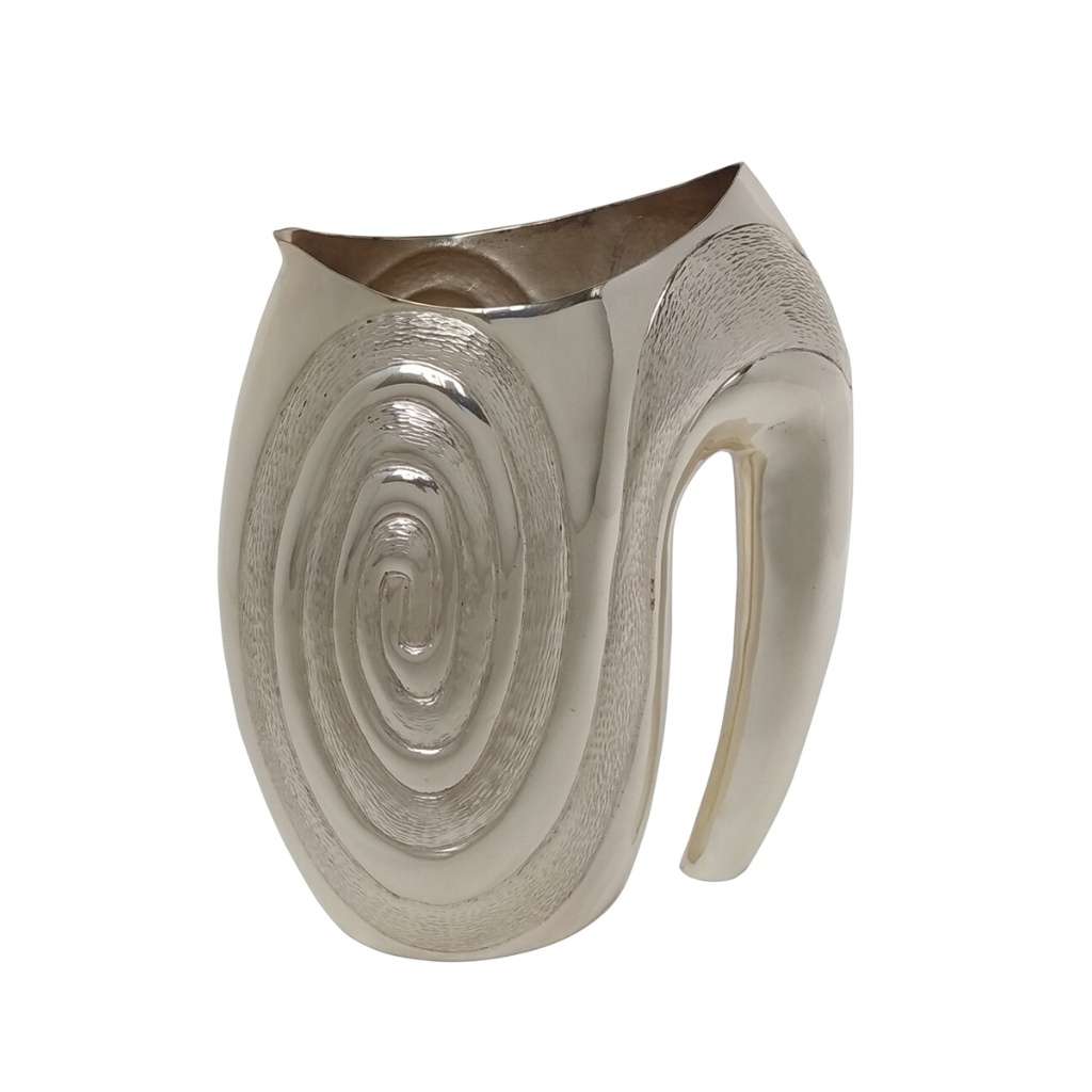 Jug Rice Hammered Spiral is an oval silver jug that centres a coiled, concentric spiral pattern on its body - white background