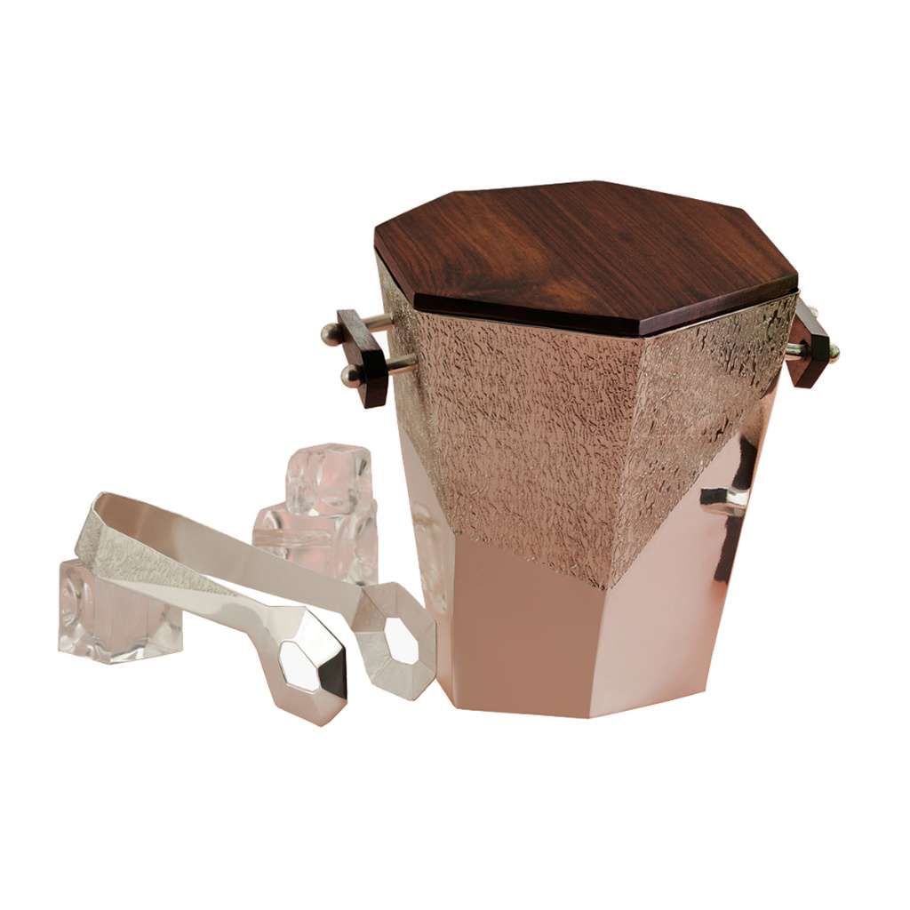 Ice Bucket Braque is a silver ice bucket that carries the same faceted, hammered-texture design as the rest of the Braque line - white background