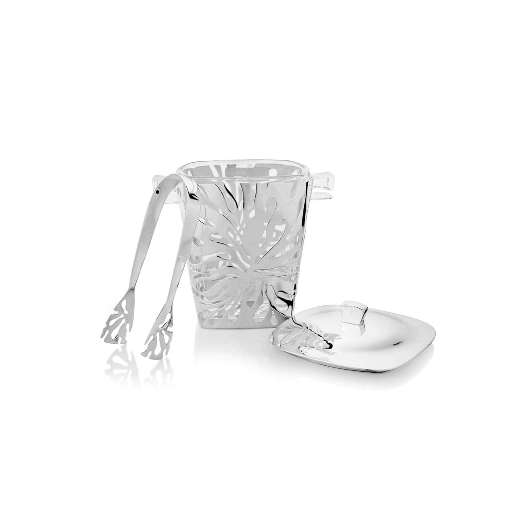 Ice Bucket With Tong Zinnia is a silver ice bucket cut all over in an open floral pattern - white background