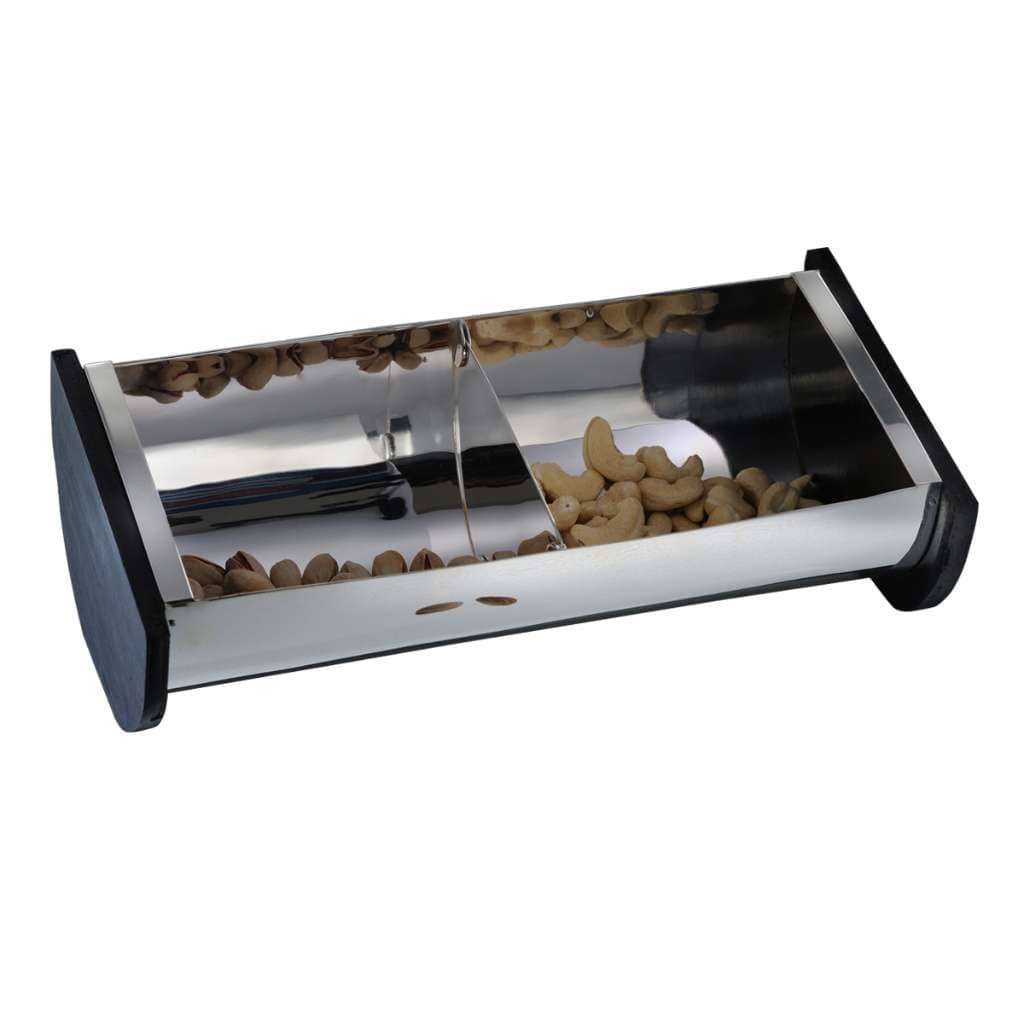 Bowl Cradle Long divides this long, rectangular silver nut bowl into two compartments with a mirror-polished centre partition - white background
