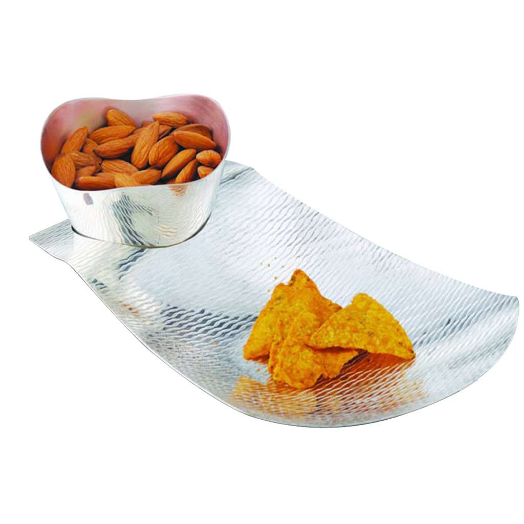 Bowl Chip And Nut Celebration finishes the long ribbed tray and rounded cup of this silver chip and nut bowl in a fine woven texture inspired by the twisted streamers of a celebration - white background