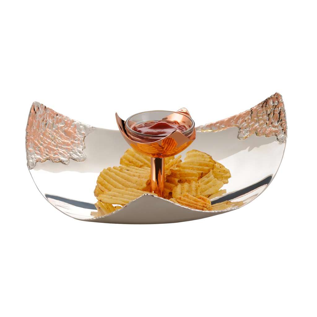 Chip N Dip Trigon is a silver chip and dip tray in a crescent, boat-like shape - white background