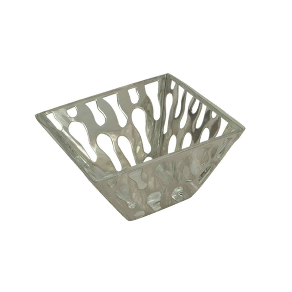 Bowl Graffiti Square covers this square silver bowl in an organic, wavy drip pattern of laser-cut openwork - white background