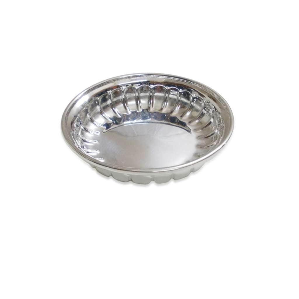 Fluted Bowl Halwa is a silver dish with ridged, vertical fluting pressed into the rim around a smooth, brushed centre - white background