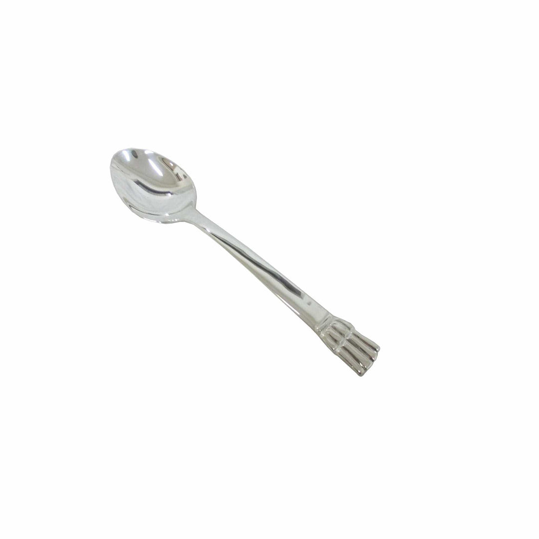 Fluted Dinner Spoon is a silver spoon with a rounded bowl that pairs with a handle flaring into a fan-shaped tip - white background