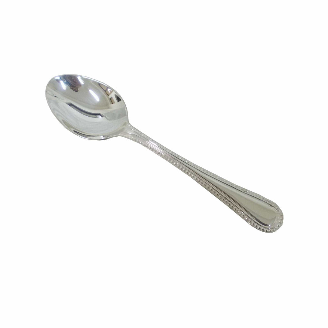 Aster Dinner Spoon pairs a generous bowl with a handle traced along both edges in a fine beaded border down to a rounded tip on this silver spoon - white background