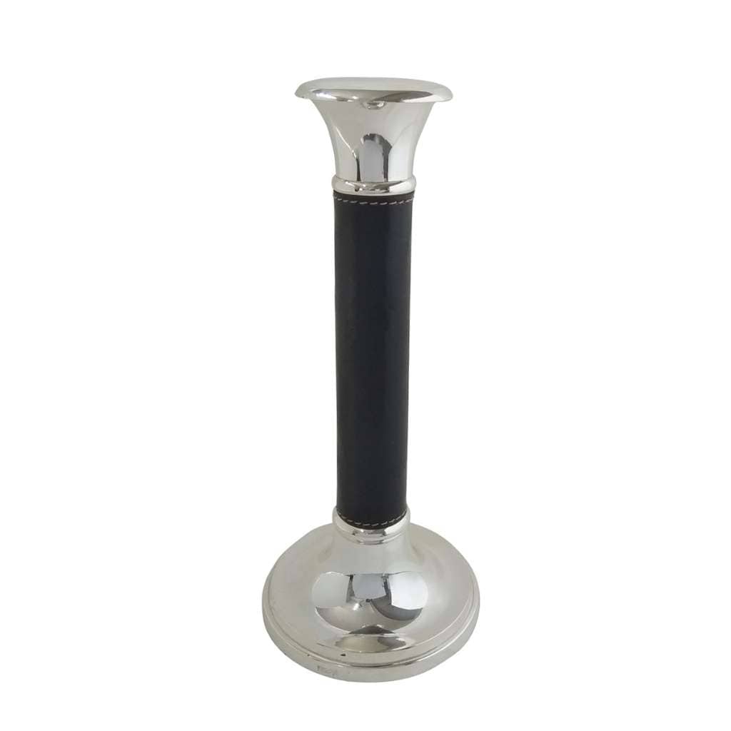 Candle Stand With Leather is a silver candlestick with a flared trumpet top and a round weighted base - white background