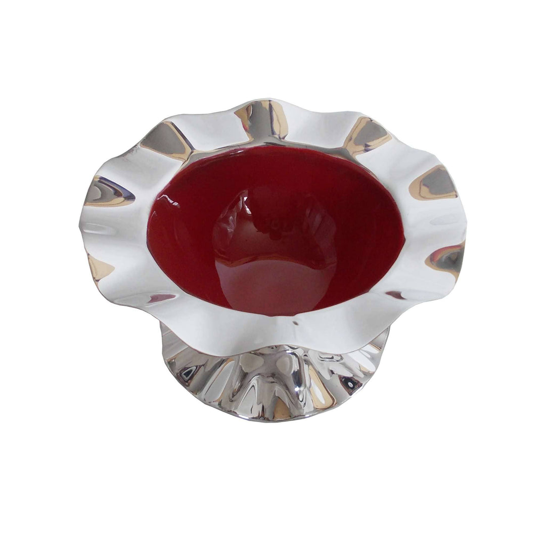 Enamel Bowl Flaire opens a ruffled, petal-edged rim into a smooth enamel-lined interior in red or green on this silver bowl – Red