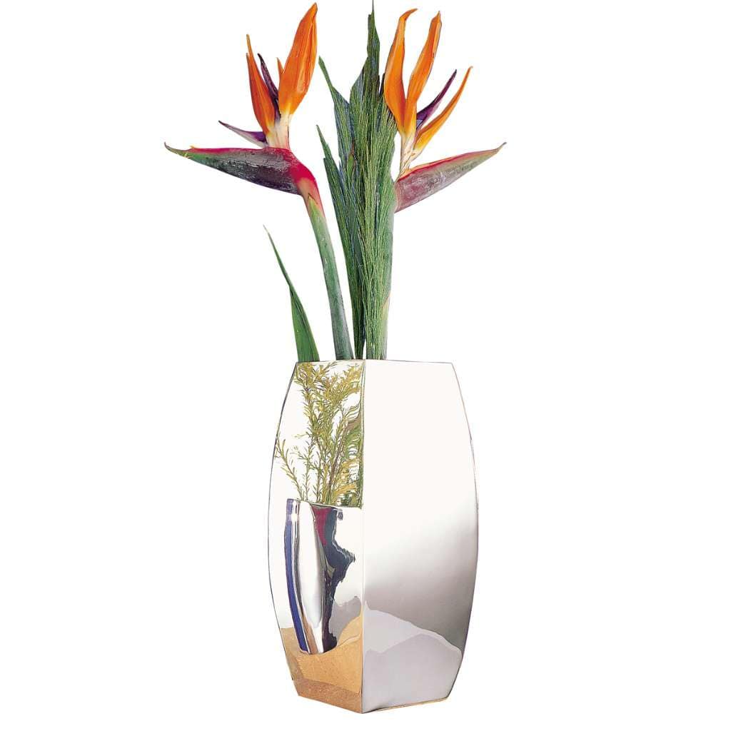 Flower Vase Lewis is a silver vase with a tall, oval-tapered body covered entirely in a mirror-polished shine – Medium