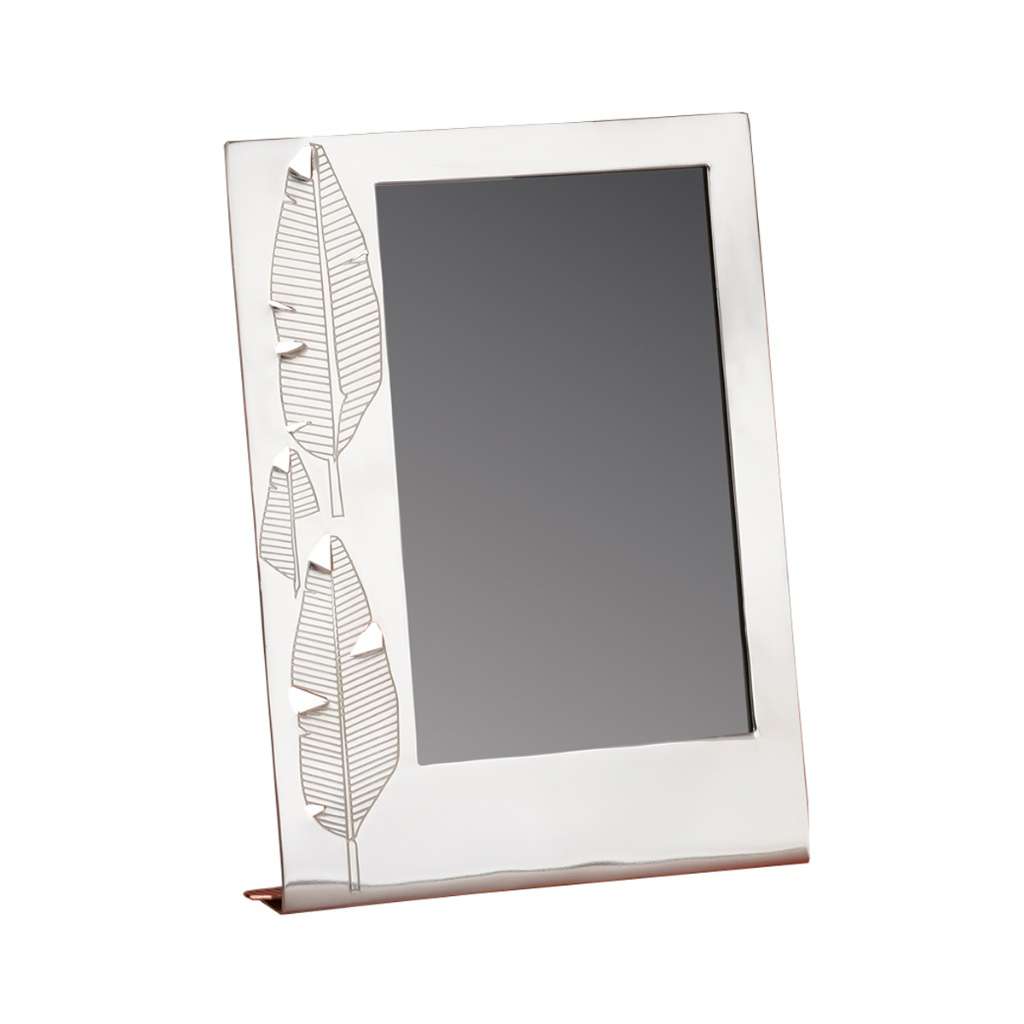 Photo Frame Banana Leaf is a silver frame that traces three banana leaf shapes in fine engraved linework along one edge – Small