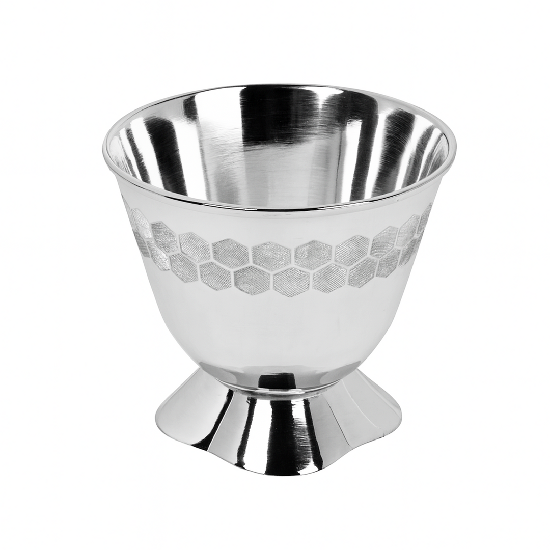 Bowl Ribbon flares a conical silver bowl outward from a smooth, scalloped foot to a rim wrapped in a honeycomb-textured band - white background