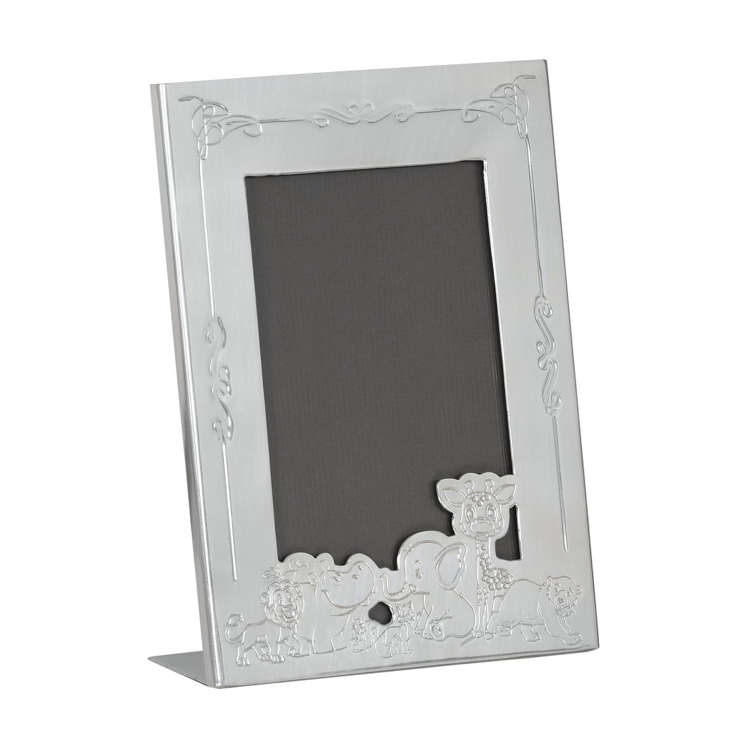 Baby Frame Jungle Story Vertical cuts a giraffe and its jungle friends into the metal at one corner of this silver nursery frame&