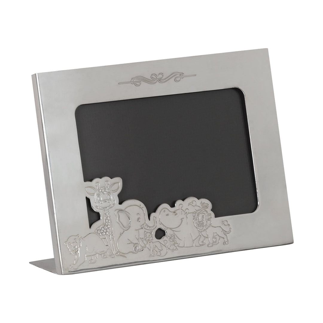 Baby Frame Jungle Story Horizontal cuts a row of jungle animals, a giraffe, elephant, hippo, and lion - white background
